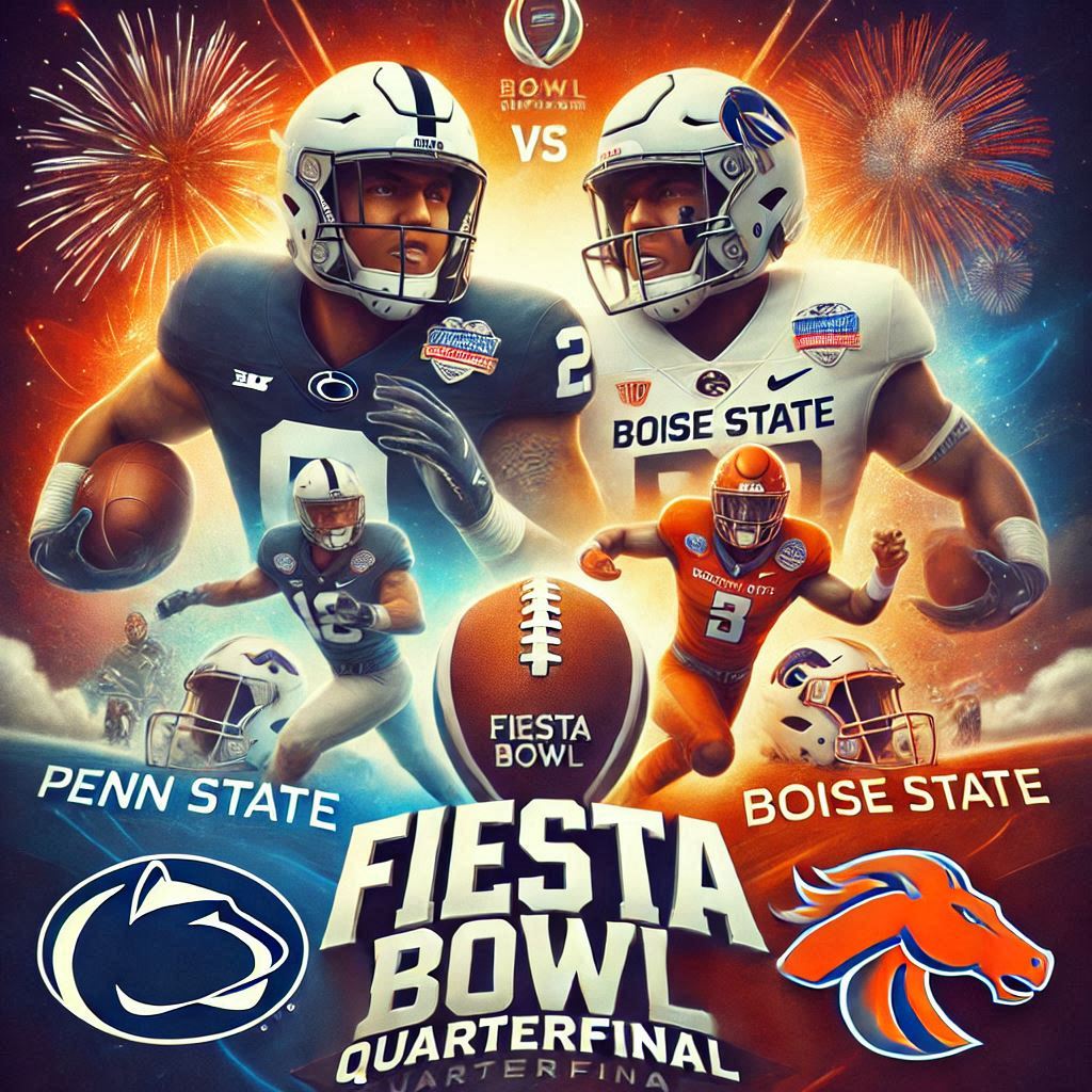 Make a promotional poster for the Fiesta Bowl quarterfinal between the Penn State Nittany Lions and the Boise State Broncos